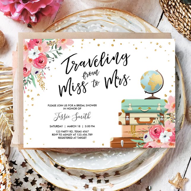 Travel Miss to Mrs Pink Floral Bridal Shower Invitation (Creator Uploaded)