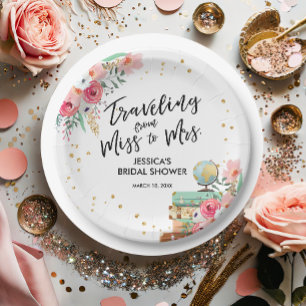 Travel Miss to Mrs Pink Floral Bridal Shower Paper Plate