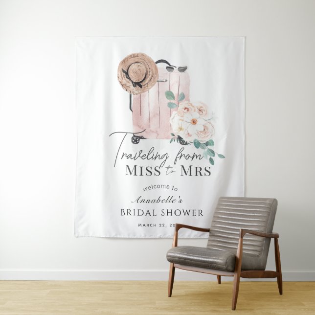 Travel Miss to Mrs Pink Suitcase Bridal Shower Tapestry (In Situ)