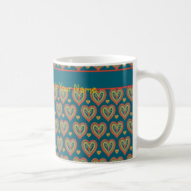 Travel Mug, Red and Green Hearts on Teal Coffee Mug (Right)