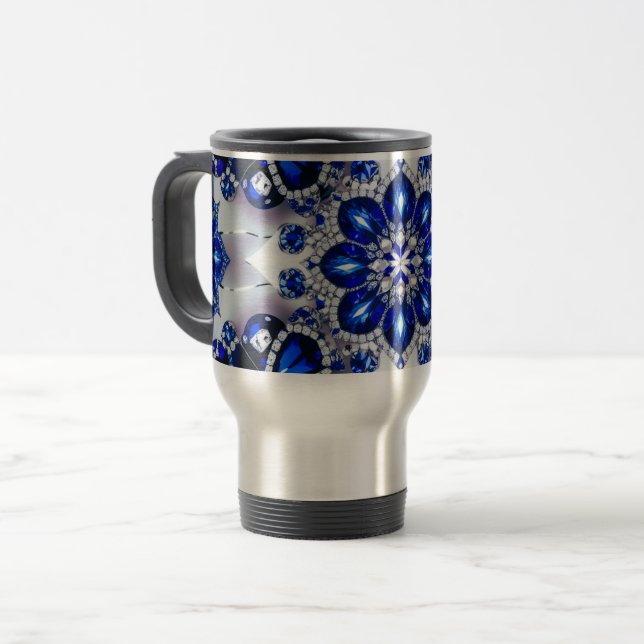 Travel Mug with White Blue Colours Design (Front Left)