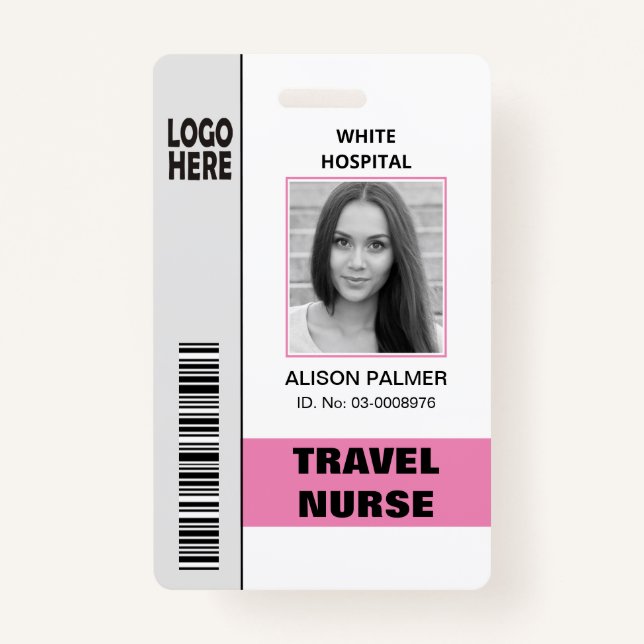 Travel nurse logo photo ID template pink ID Badge (Front)