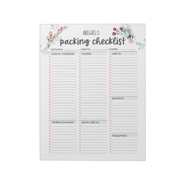 Travel Packing List Floral Notepad (Rotated)