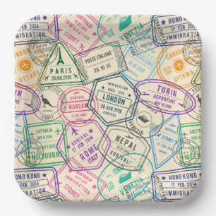 Travel Paper Plates, Passport Stamps Party Plate