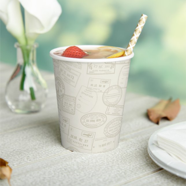 Travel Passport Stamp Beige Pattern Paper Cup (Insitu)