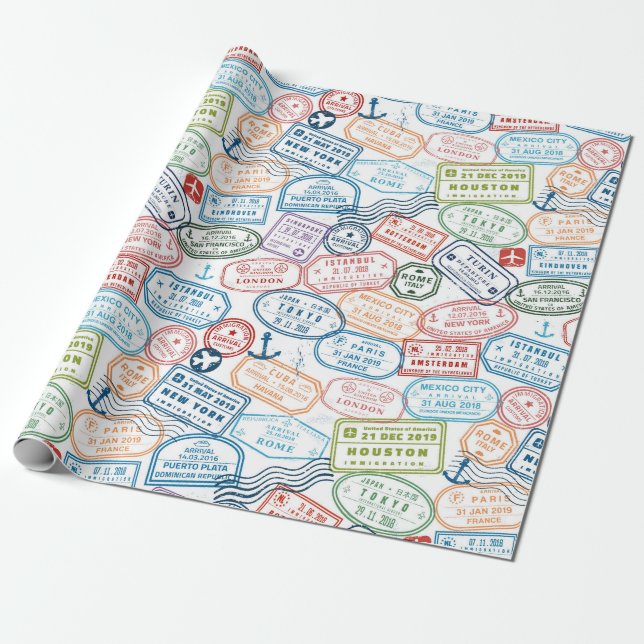 Travel passport stamps gift wrapping paper (Unrolled)