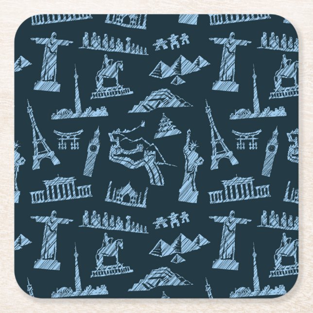 Travel Pattern In Blues Pattern Square Paper Coaster (Front)