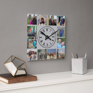 Travel Photo Collage Grey Background Square Wall Clock