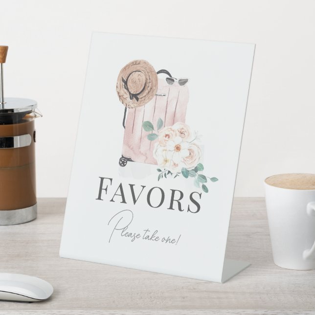 Travel Pink Suitcase Bridal Shower Favours Pedestal Sign (In SItu)