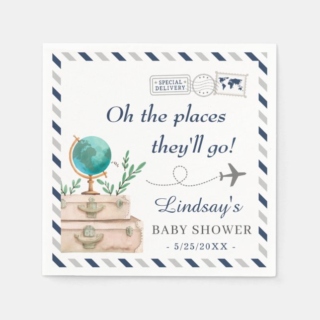 Travel Places They'll Go Twin Boys Baby Shower Napkin (Front)