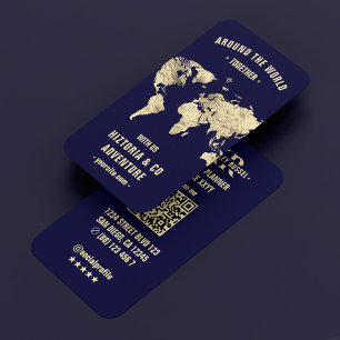 Travel Planner World Map Modern Midnight Blue Business Card