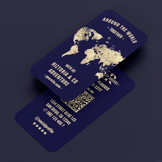 Travel Planner World Map Modern Midnight Blue Business Card (Creator Uploaded)