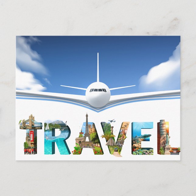 Travel Postcard (A digital illustration of the word "TRAVEL" filled with various travel destinations.)