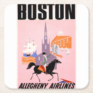 Travel Poster For Allegheny Airlines To Boston Square Paper Coaster