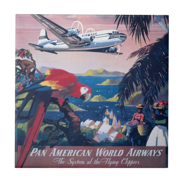 Travel Poster Of Seaplane Flying Over Caribbean Ceramic Tile (Front)