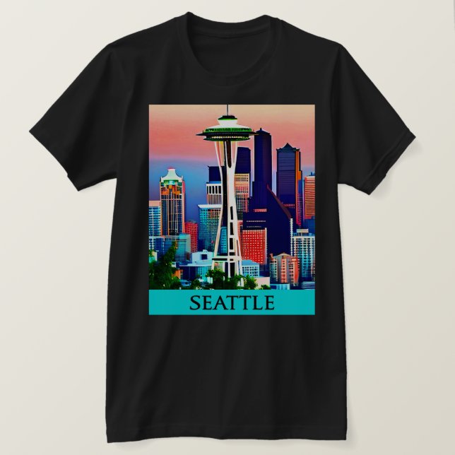 Travel Poster of Seattle under a Dawn Sky T-Shirt (Design Front)