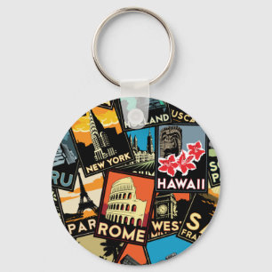 Travel posters retro vintage europe asia usa key ring