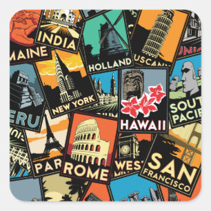 Travel posters retro vintage europe asia usa square sticker