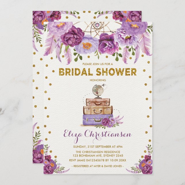 Travel Purple Floral Dreamcatcher Bridal Shower Invitation (Front/Back)