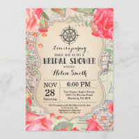 Travel Red Floral Bridal Shower Invitation