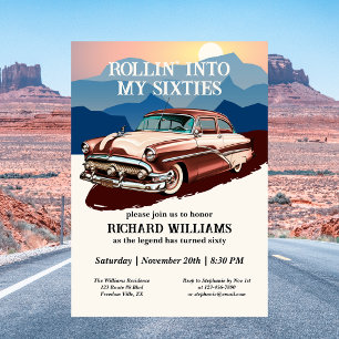 Travel Retro Classic Car Theme 60th Birthday Invitation