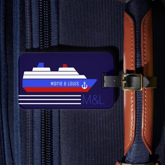 Travel ship cruise - personalised blue & red luggage tag (Front Insitu 4)
