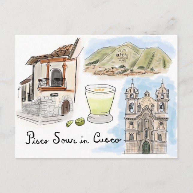 Travel Sketch Postcard: Pisco Sour in Cusco, Peru Postcard (Front)