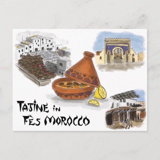 Travel Sketch Postcard: Tajine in Fes, Morocco Postcard (Front)