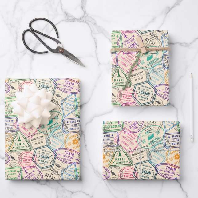 Travel Stamps Birthday Party Wrapping Paper Sheet (Front)