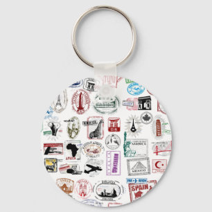 Travel Stamps Pattern Key Ring