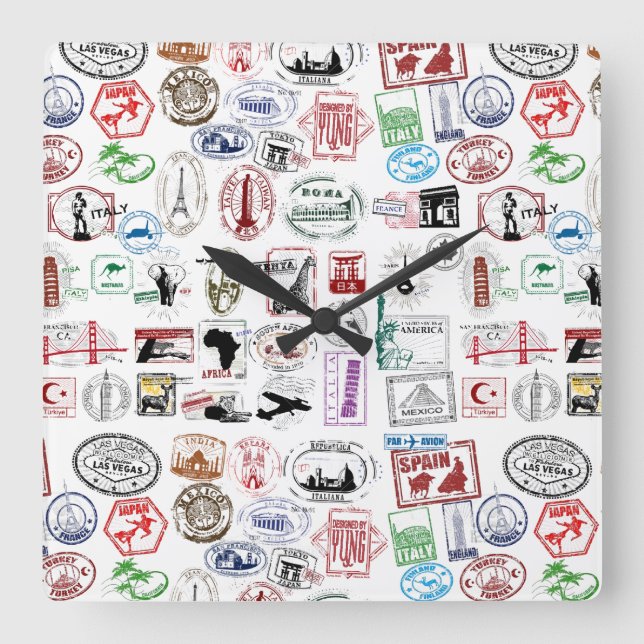 Travel Stamps Pattern Square Wall Clock (Front)