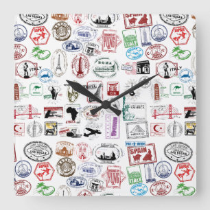 Travel Stamps Pattern Square Wall Clock