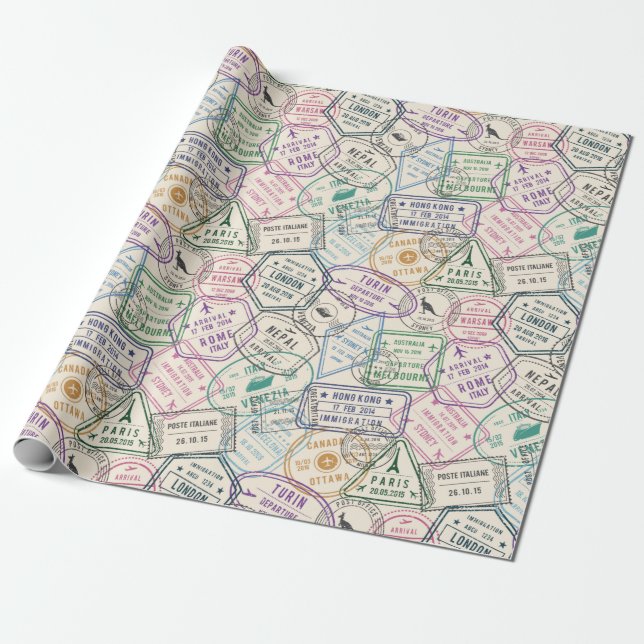 Travel Stamps Pattern Wrapping Paper (Unrolled)