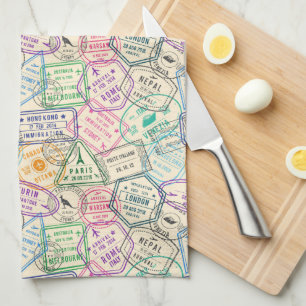 Travel Stamps Tea Towel
