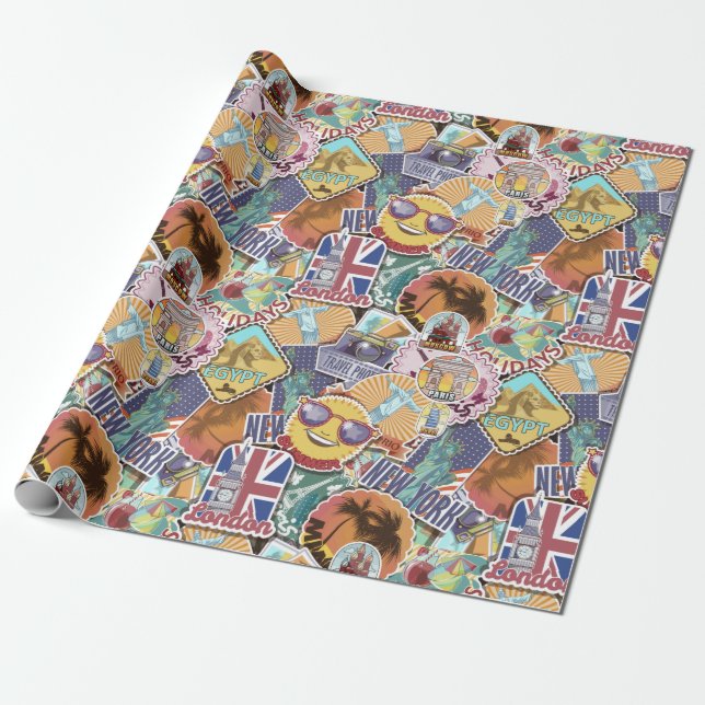 Travel Sticker Pattern Wrapping Paper (Unrolled)