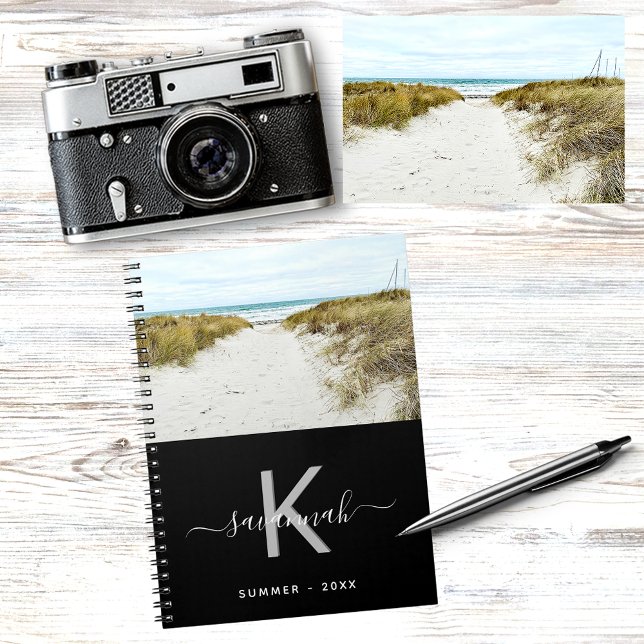 Travel summer photo black white monogram notebook (Creator Uploaded)