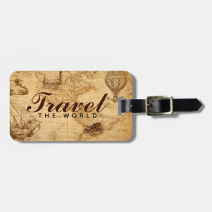Travel the World Brown Vintage Map and Typography Luggage Tag
