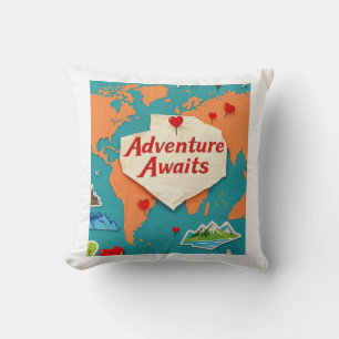 Travel the world map with heart pins cushion