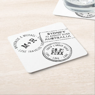 Travel Theme EDITABLE TEXT Passport Stamp Square Paper Coaster