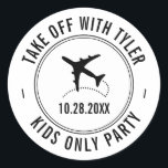 Travel Theme Party Personalised Aeroplane  Classic Round Sticker<br><div class="desc">Personalised travel theme party invitation envelope sticker,  save the date,  or favour label with a black and white aeroplane monogram,  date,  and custom location text.</div>
