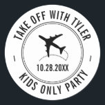Travel Theme Party Personalised Aeroplane  Classic Round Sticker<br><div class="desc">Personalised travel theme party invitation envelope sticker,  save the date,  or favour label with a black and white aeroplane monogram,  date,  and custom location text.</div>