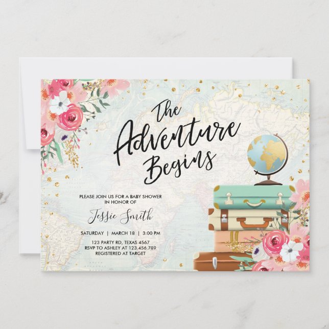 Travel themed Baby shower invite Adventure Begins (Front)