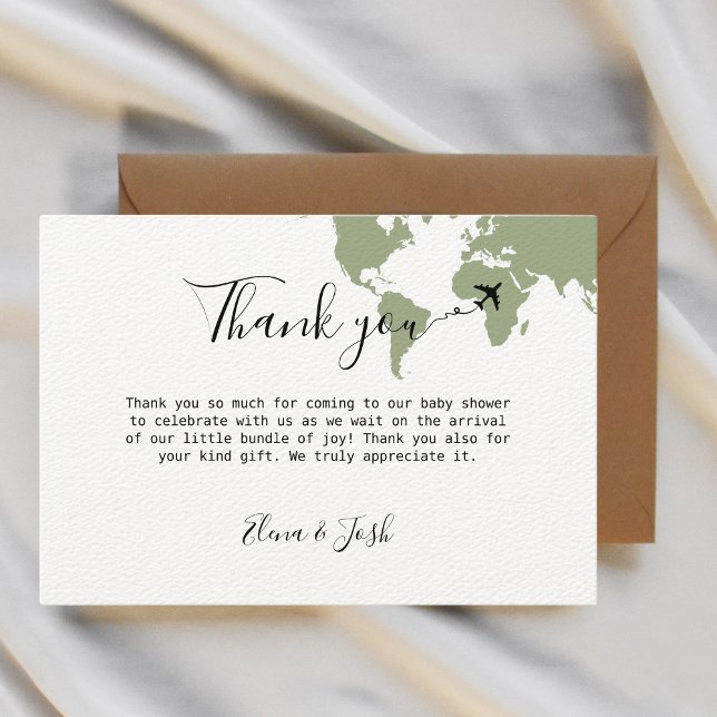 Travel themed Baby Shower World Map Sage Green Thank You Card (travel themed baby shower thank you cards sage green)