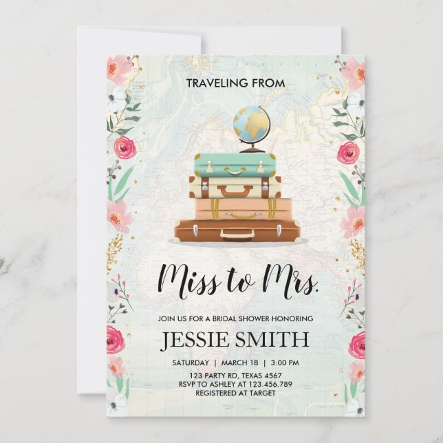 Travel themed Bridal shower invitation Miss to Mrs (Front)