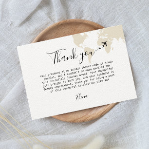 Travel themed Bridal Shower World Map Beige Thank You Card
