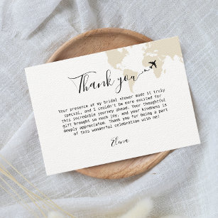 Travel themed Bridal Shower World Map Beige Thank You Card