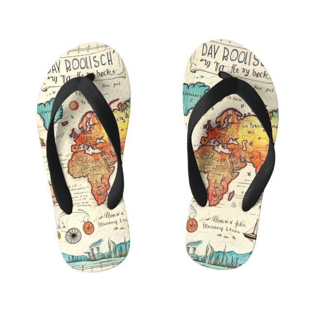 Travel themed vintage map drawing colourful  kid's thongs (Footbed)