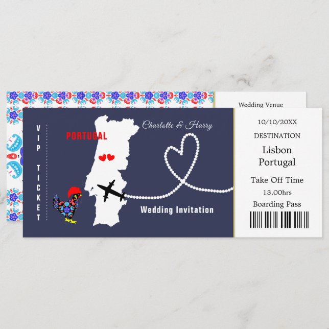 Travel Ticket Boarding Pass Portugal Wedding Invitation (Front/Back)
