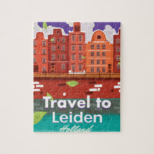 Travel to Leiden Holland cartoon travel poster Jigsaw Puzzle