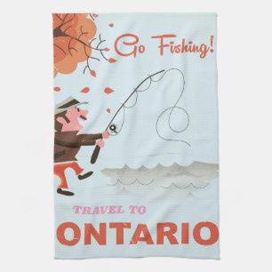 Travel to Ontario retro fishing print vacation. Tea Towel